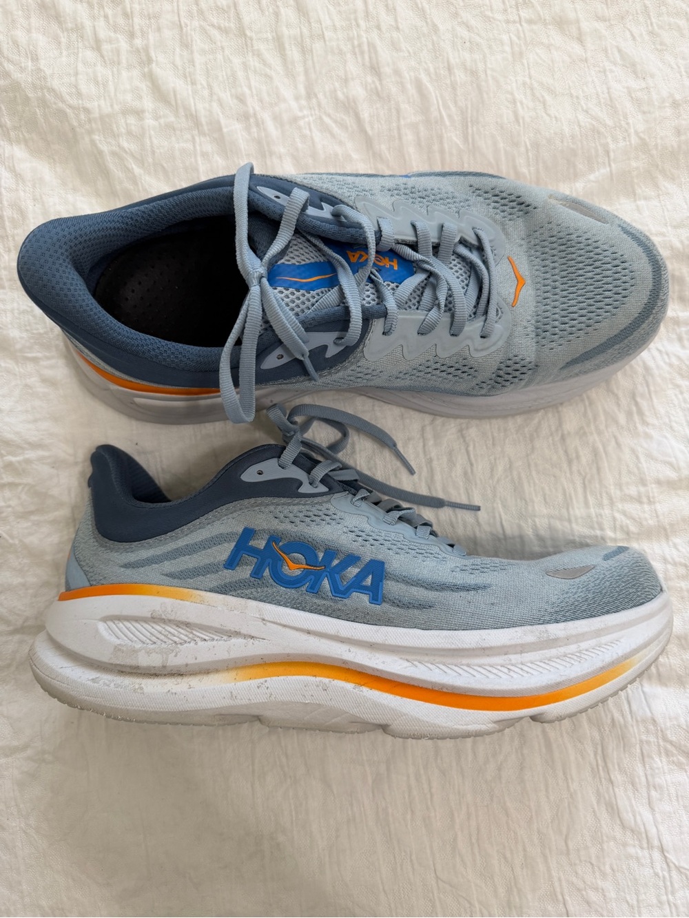 HOKA Men's Bondi 9 Size 11 Light Blue and Orange Running Shoes